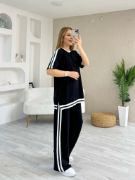 Kadın Kısa Kollu Bisiklet Yaka çift Renk şerit Detaylı Viskon Iki Iplik Bluz Ve Pantolon Ikili Takım resmi